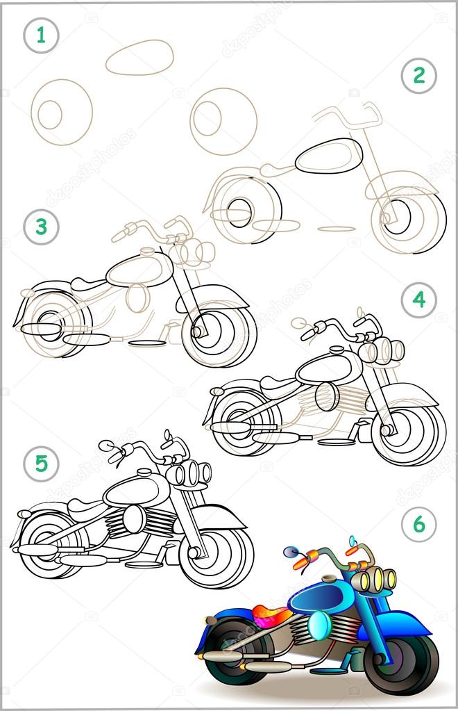 Page shows how to learn step by step to draw motorcycle. Stock
